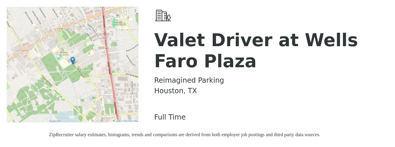 Reimagined Parking job posting for a Valet Driver at Wells Faro Plaza in Houston, TX with a salary of $13 to $18 Hourly with a map of Houston location.