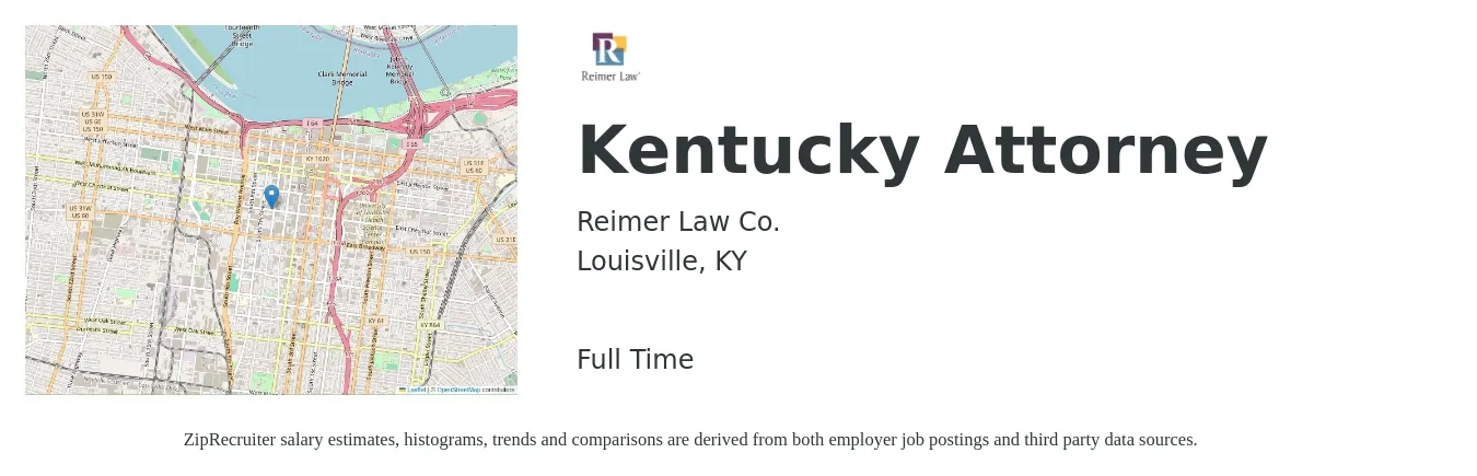 Reimer Law Co. job posting for a Kentucky Attorney in Louisville, KY with a salary of $73,200 to $119,000 Yearly with a map of Louisville location.