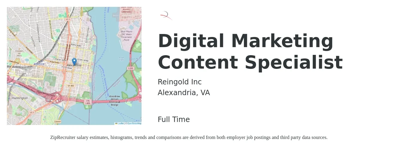 Reingold Inc job posting for a Digital Marketing Content Specialist in Alexandria, VA with a salary of $60,900 Yearly with a map of Alexandria location.