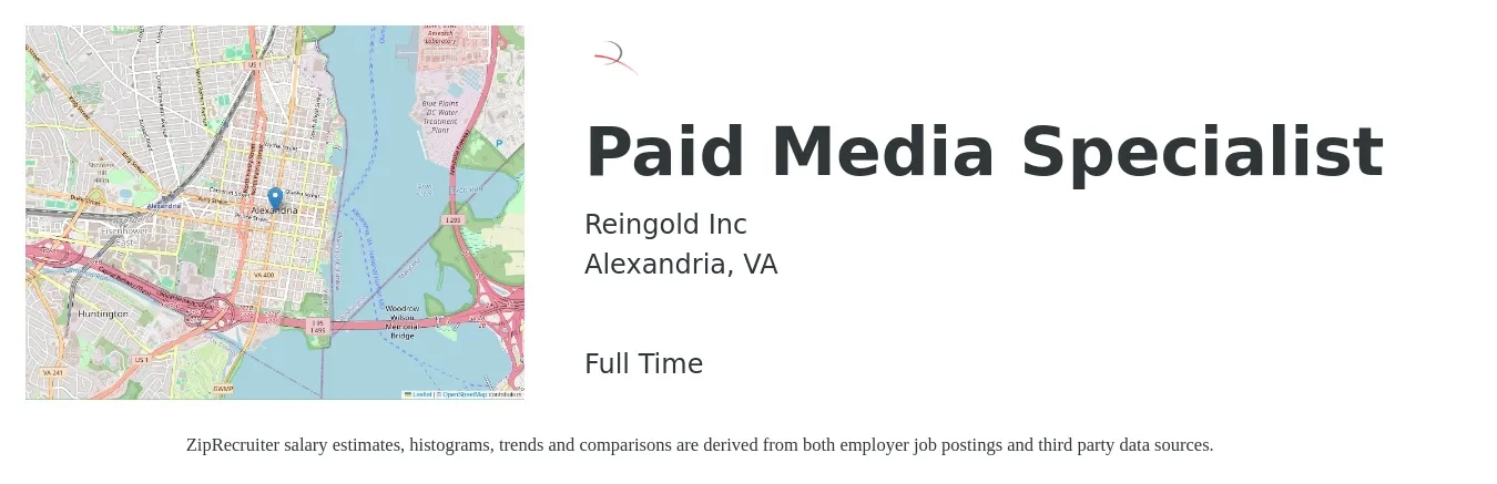 Reingold Inc job posting for a Paid Media Specialist in Alexandria, VA with a salary of $46,000 to $77,500 Yearly with a map of Alexandria location.