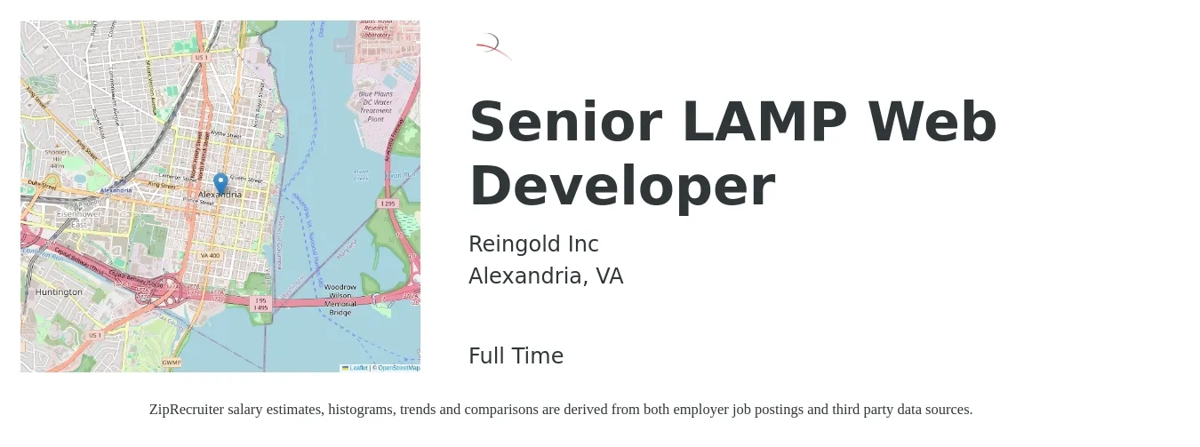 Reingold Inc job posting for a Senior LAMP Web Developer in Alexandria, VA with a salary of $97,300 to $140,500 Yearly with a map of Alexandria location.