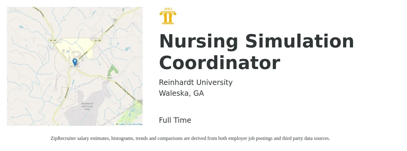 Reinhardt University job posting for a Nursing Simulation Coordinator in Waleska, GA with a salary of $18 to $28 Hourly with a map of Waleska location.