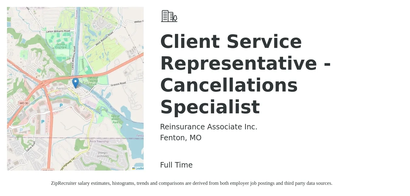 Reinsurance Associate Inc. job posting for a Client Service Representative - Cancellations Specialist in Fenton, MO with a salary of $16 to $18 Hourly with a map of Fenton location.
