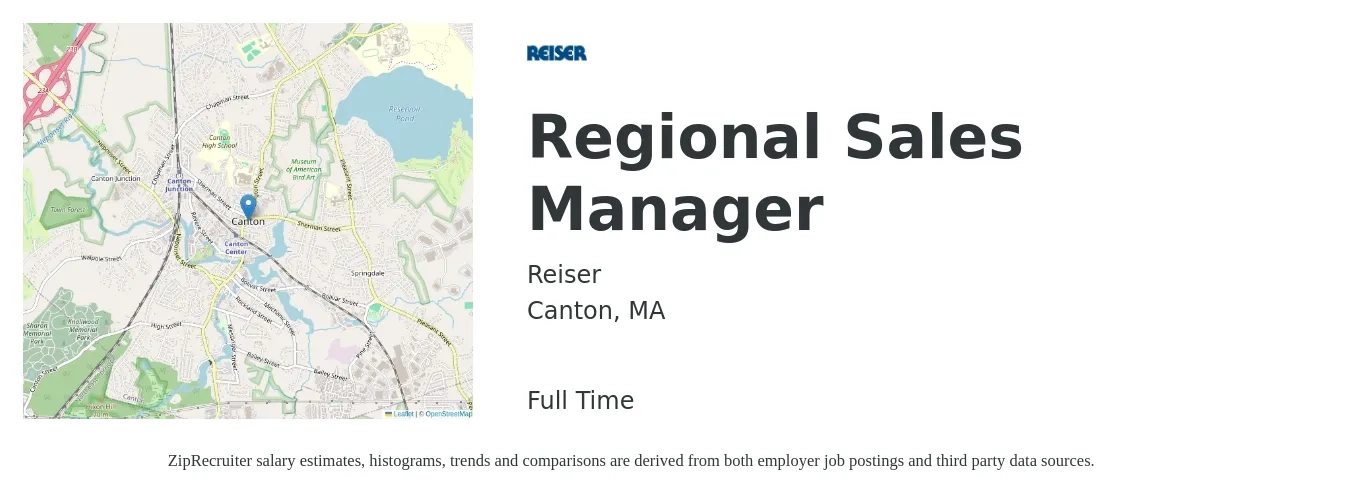 Reiser job posting for a Regional Sales Manager in Canton, MA with a salary of $76,100 to $119,000 Yearly with a map of Canton location.