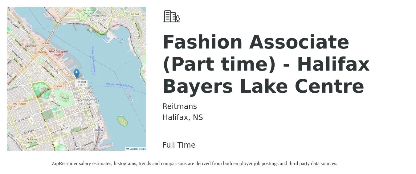 Reitmans job posting for a Fashion Associate (Part time) - Halifax Bayers Lake Centre in Halifax, NS with a map of Halifax location.