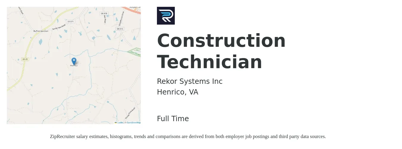 Rekor Systems Inc job posting for a Construction Technician in Henrico, VA with a salary of $17 to $23 Hourly with a map of Henrico location.