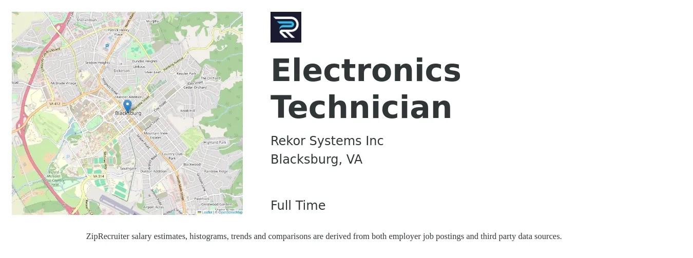 Rekor Systems Inc job posting for a Electronics Technician in Blacksburg, VA with a salary of $39,400 to $59,900 Yearly with a map of Blacksburg location.
