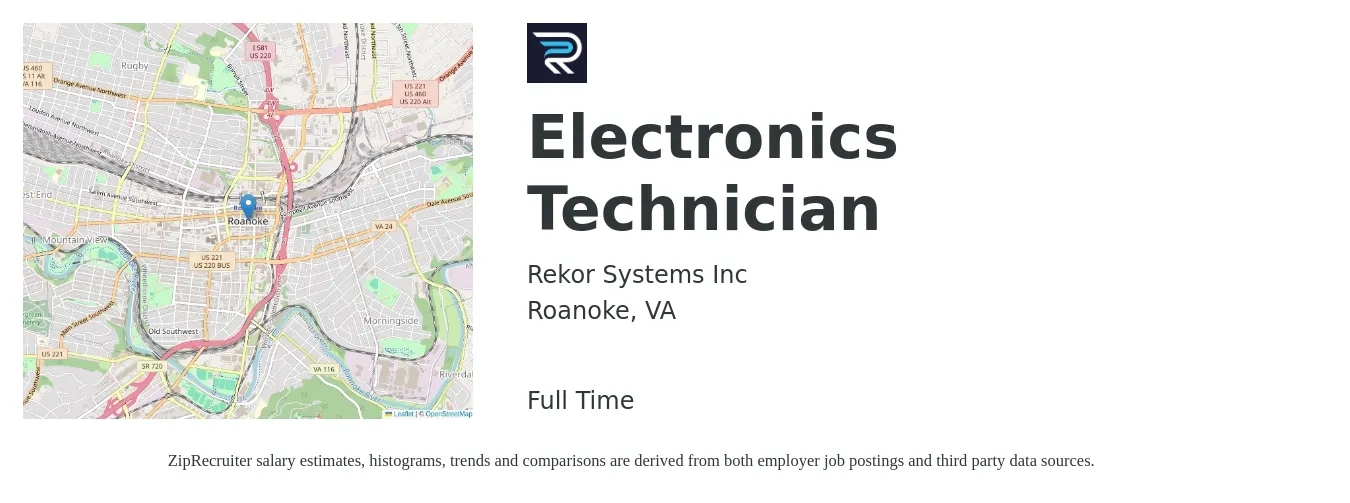 Rekor Systems Inc job posting for a Electronics Technician in Roanoke, VA with a salary of $40,400 to $61,500 Yearly with a map of Roanoke location.