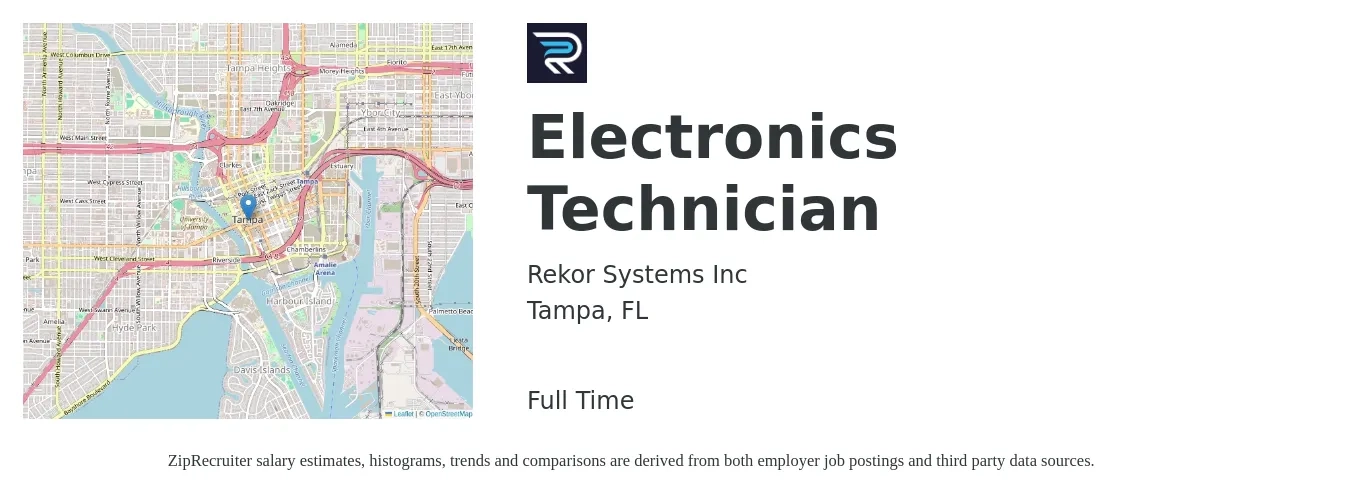 Rekor Systems Inc job posting for a Electronics Technician in Tampa, FL with a salary of $43,500 to $66,200 Yearly with a map of Tampa location.