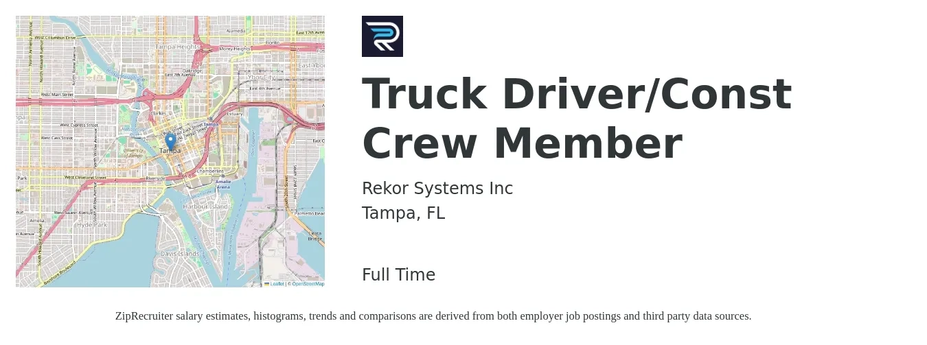 Rekor Systems Inc job posting for a Truck Driver/Const Crew Member in Tampa, FL with a salary of $19 to $31 Hourly with a map of Tampa location.