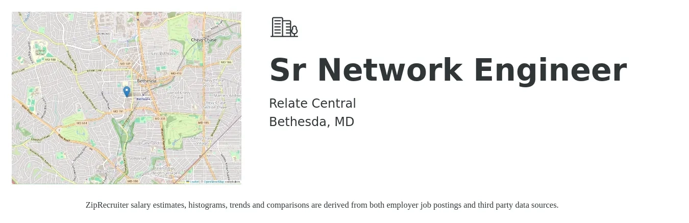 Relate Central job posting for a Sr Network Engineer in Bethesda, MD with a salary of $111,000 to $152,100 Yearly with a map of Bethesda location.