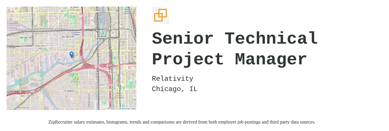 Relativity job posting for a Senior Technical Project Manager in Chicago, IL with a salary of $113,900 to $156,200 Annually and benefits including Medical and Retirement with a map of Chicago location.