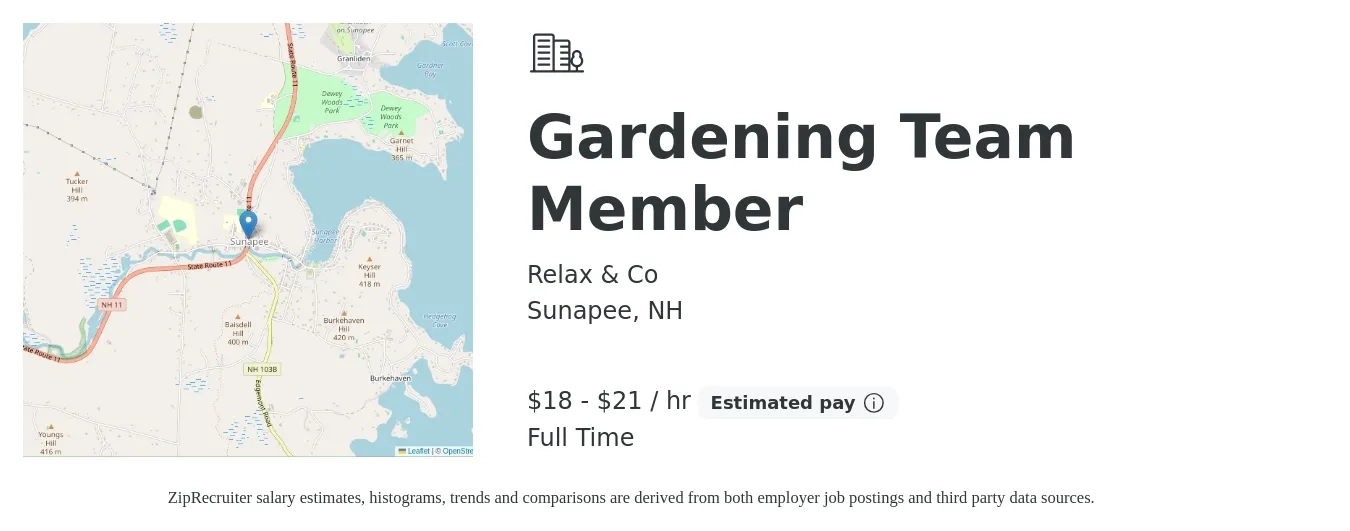 Relax & Co job posting for a Gardening Team Member in Sunapee, NH with a salary of $19 to $22 Hourly with a map of Sunapee location.