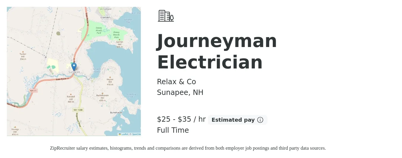 Relax & Co job posting for a Journeyman Electrician in Sunapee, NH with a salary of $27 to $37 Hourly with a map of Sunapee location.