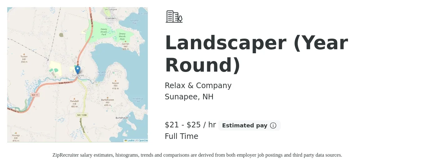Relax & Company job posting for a Landscaper (Year Round) in Sunapee, NH with a salary of $20 to $24 Hourly with a map of Sunapee location.