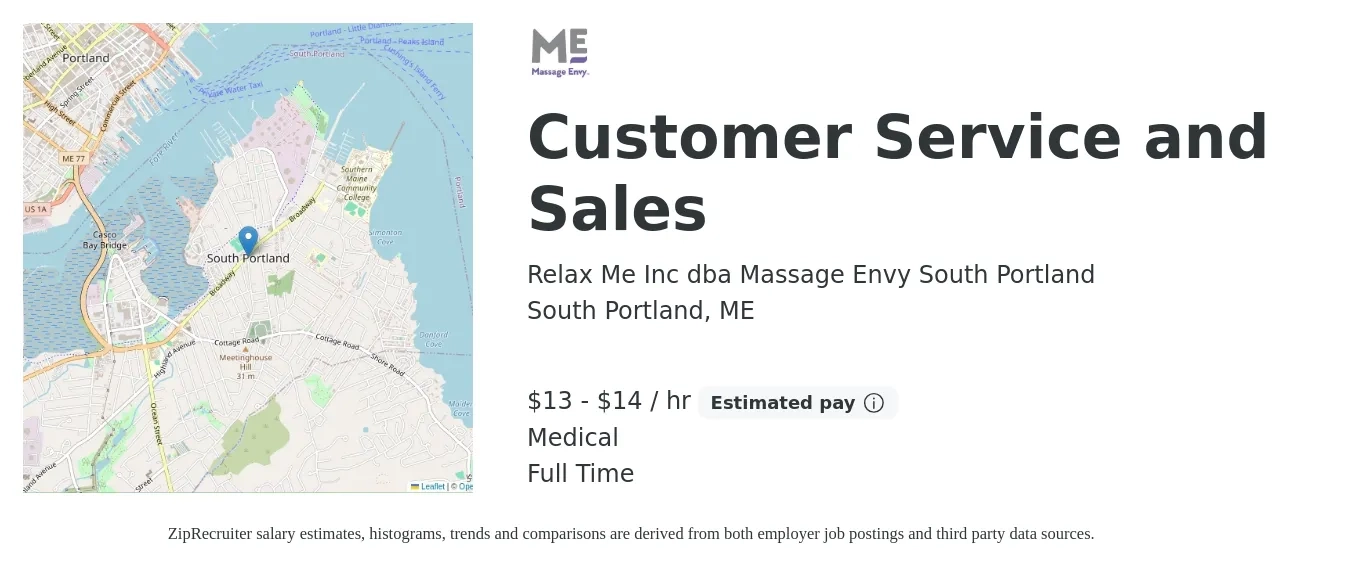 Relax Me Inc dba Massage Envy South Portland job posting for a Customer Service and Sales in South Portland, ME with a salary of $14 to $15 Hourly (plus commission) and benefits including medical with a map of South Portland location.