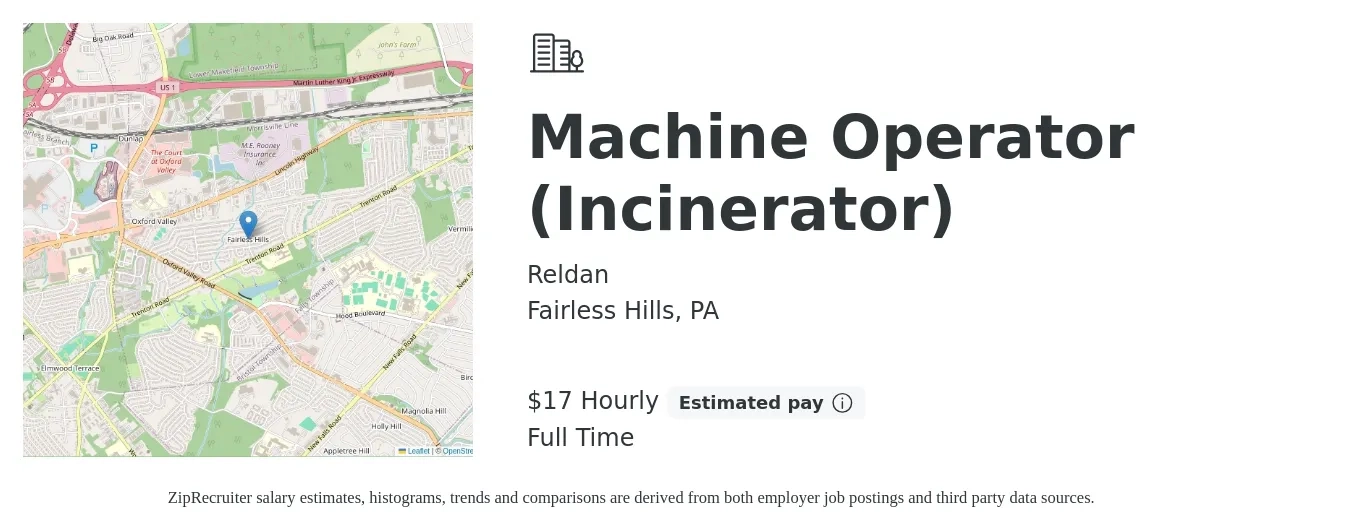 Reldan job posting for a Machine Operator (Incinerator) in Fairless Hills, PA with a salary of $18 Hourly with a map of Fairless Hills location.