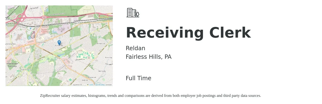 Reldan job posting for a Receiving Clerk in Fairless Hills, PA with a salary of $20 Yearly with a map of Fairless Hills location.