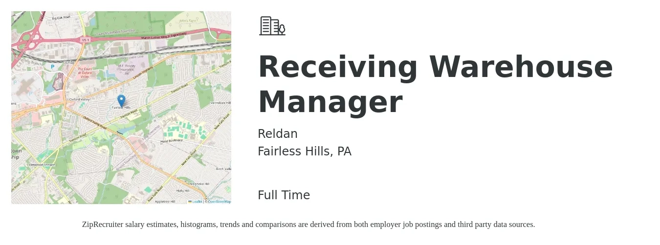 Reldan job posting for a Receiving Warehouse Manager in Fairless Hills, PA with a salary of $44,700 to $63,400 Yearly with a map of Fairless Hills location.