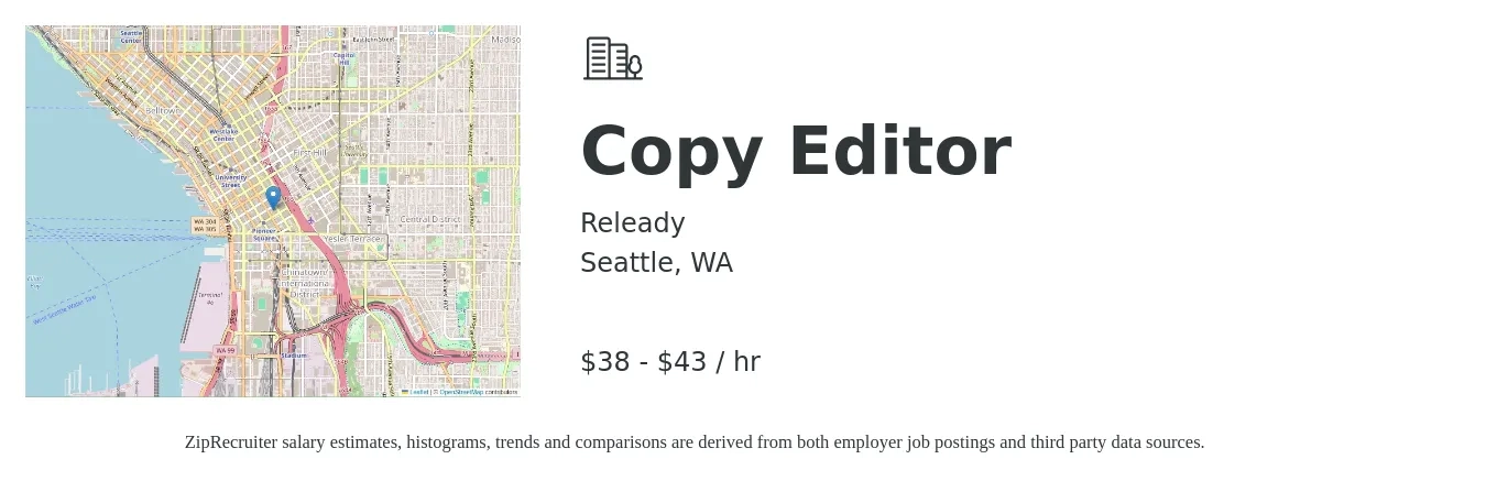 Releady job posting for a Copy Editor in Seattle, WA with a salary of $40 to $45 Hourly with a map of Seattle location.