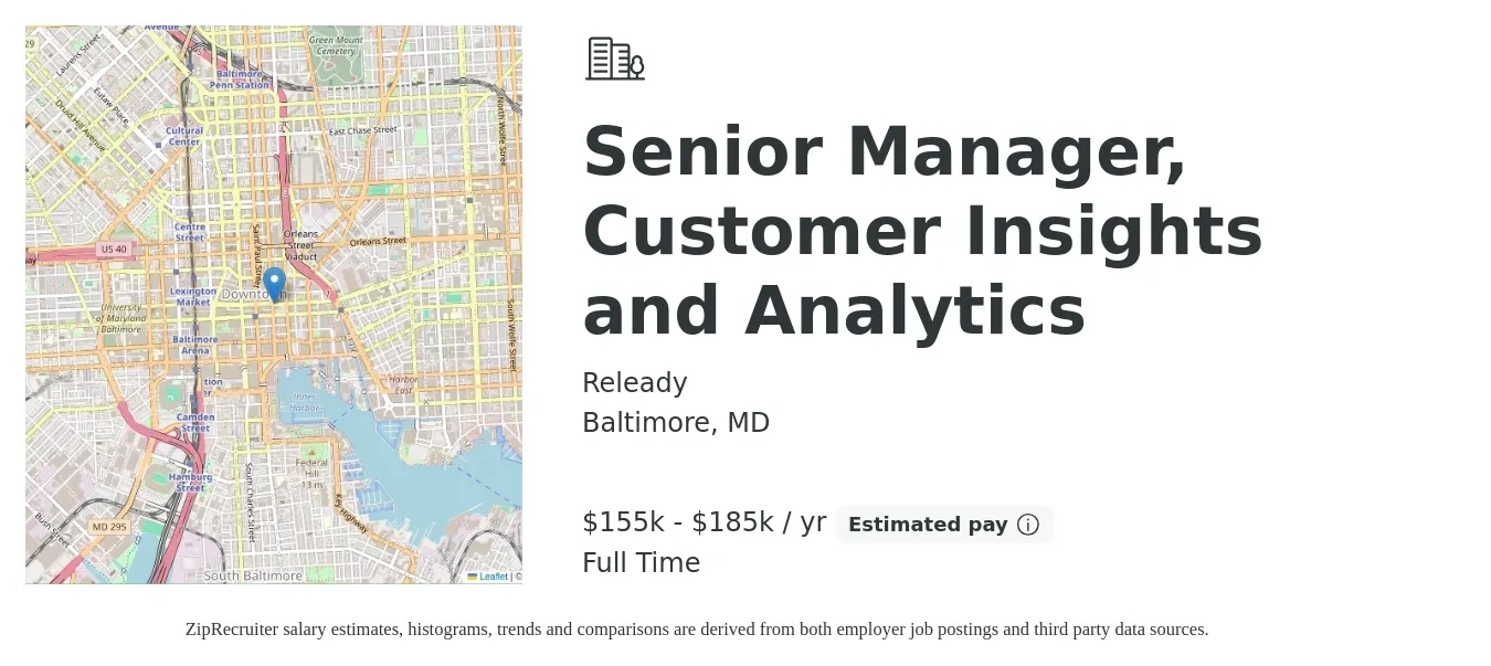 Releady job posting for a Senior Manager, Customer Insights and Analytics in Baltimore, MD with a salary of $155,000 to $185,000 Yearly with a map of Baltimore location.