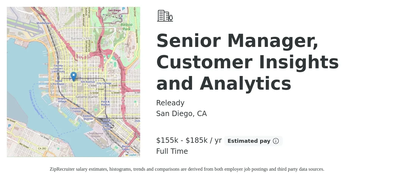 Releady job posting for a Senior Manager, Customer Insights and Analytics in San Diego, CA with a salary of $155,000 to $185,000 Yearly with a map of San Diego location.