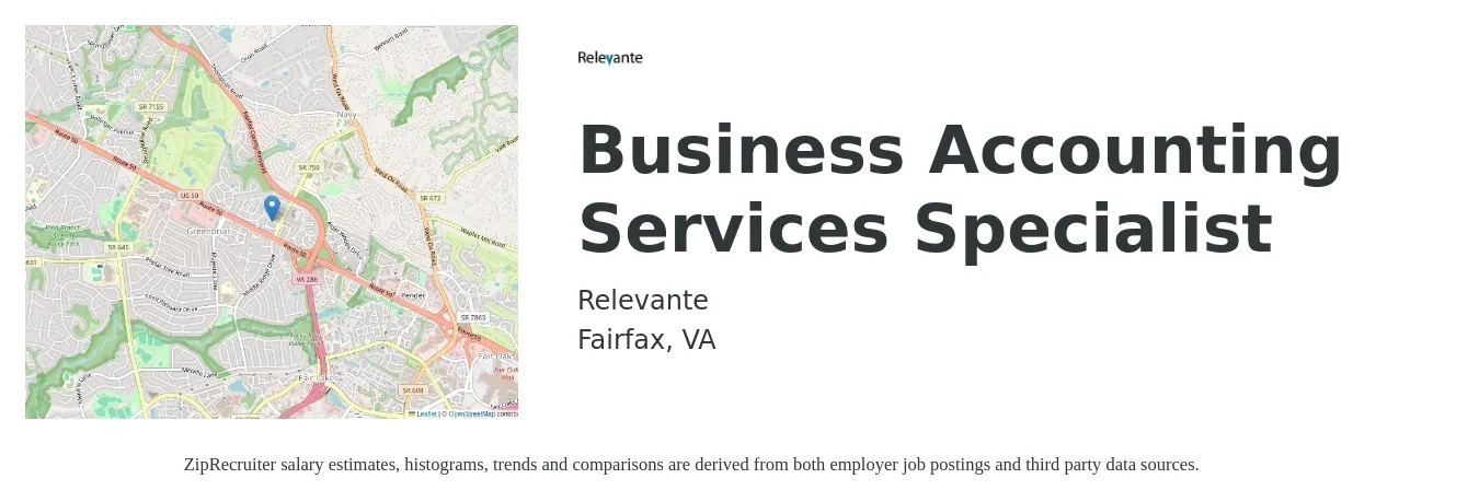 Relevante job posting for a Business Accounting Services Specialist in Fairfax, VA with a salary of $22 to $30 Hourly with a map of Fairfax location.
