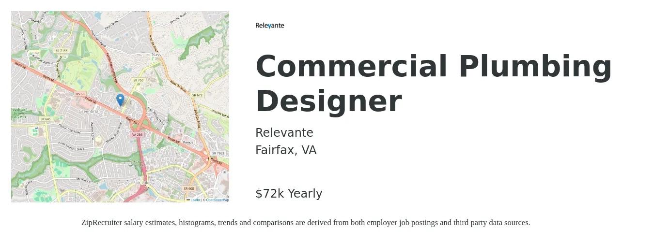 Relevante, Inc. job posting for a Commercial Plumbing Designer in Fairfax, VA with a salary of $72,500 Yearly with a map of Fairfax location.