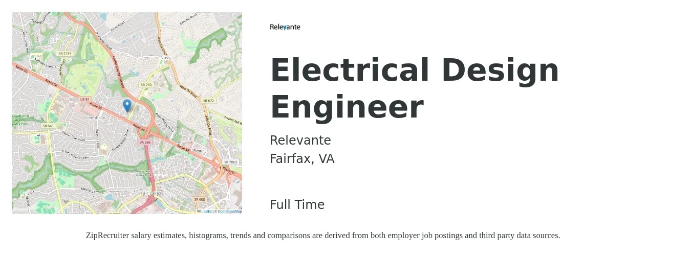 Relevante, Inc. job posting for a Electrical Design Engineer in Fairfax, VA with a salary of $85,000 to $119,000 Yearly with a map of Fairfax location.