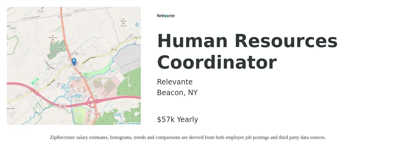 Relevante, Inc. job posting for a Human Resources Coordinator in Beacon, NY with a salary of $57,500 Yearly with a map of Beacon location.