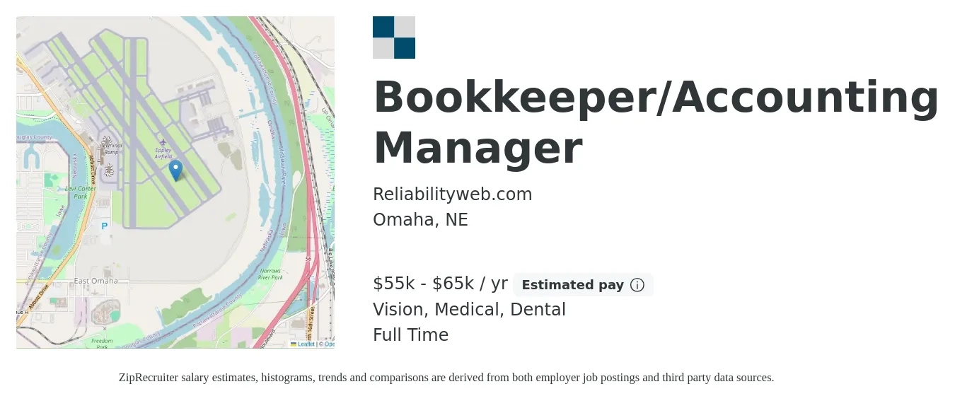 Reliabilityweb.com job posting for a Bookkeeper/Accounting Manager in Omaha, NE with a salary of $55,000 to $65,000 Yearly and benefits including dental, life_insurance, medical, pto, retirement, and vision with a map of Omaha location.