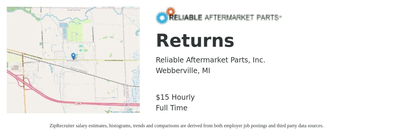 Reliable Aftermarket Parts, Inc. job posting for a Returns in Webberville, MI with a salary of $16 Hourly with a map of Webberville location.
