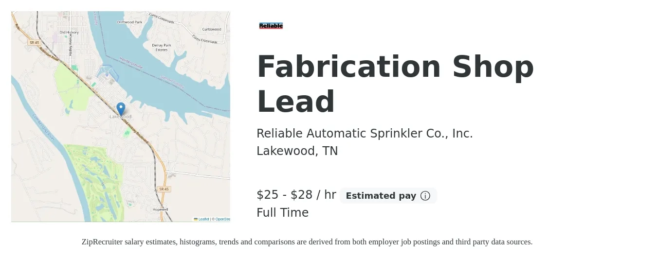 Reliable Automatic Sprinkler Co., Inc. job posting for a Fabrication Shop Lead in Lakewood, TN with a salary of $27 to $30 Hourly with a map of Lakewood location.