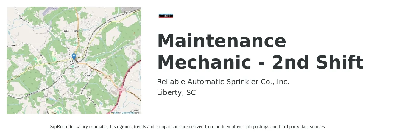 Reliable Automatic Sprinkler Co., Inc. job posting for a Maintenance Mechanic - 2nd Shift in Liberty, SC with a salary of $22 to $28 Hourly with a map of Liberty location.