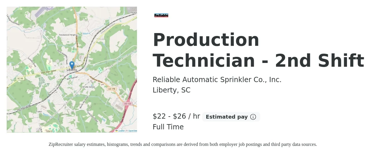 Reliable Automatic Sprinkler Co., Inc. job posting for a Production Technician - 2nd Shift in Liberty, SC with a salary of $23 to $28 Hourly with a map of Liberty location.