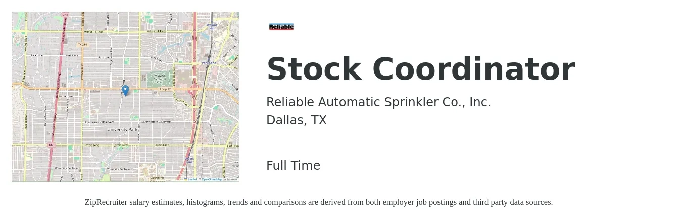 Reliable Automatic Sprinkler Co., Inc. job posting for a Stock Coordinator in Dallas, TX with a salary of $17 to $23 Hourly with a map of Dallas location.