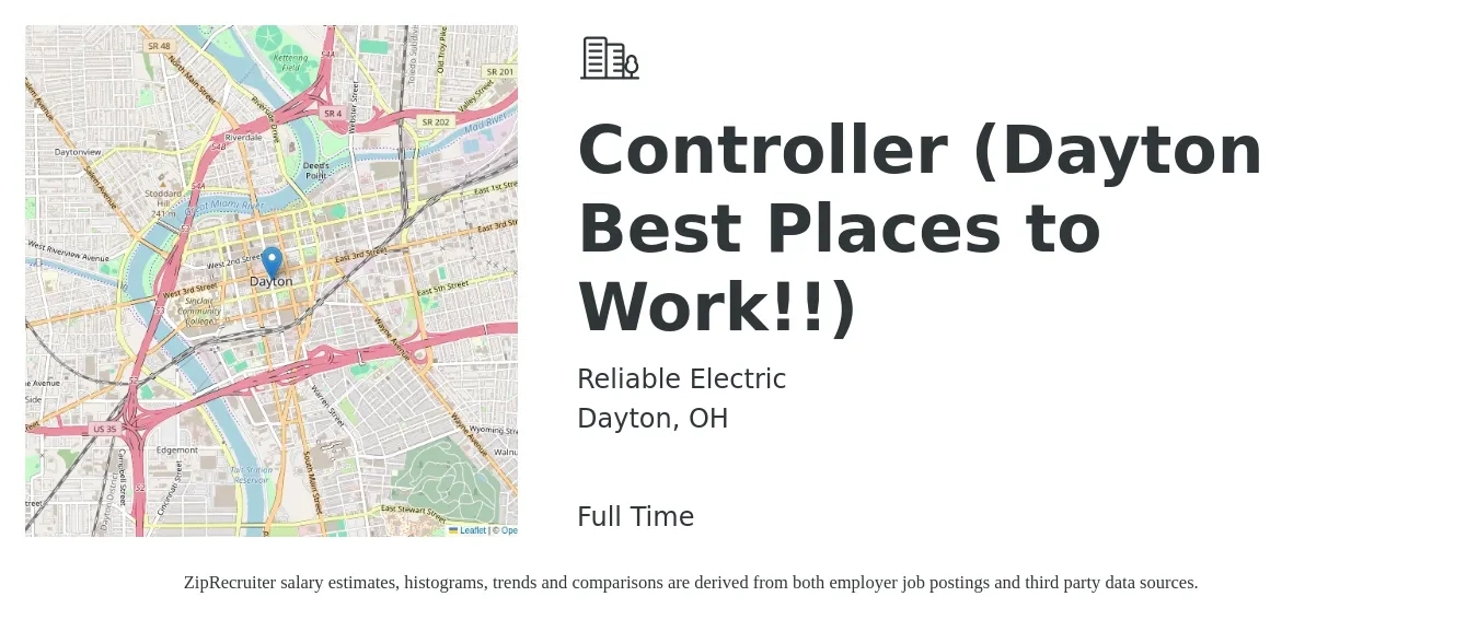 Reliable Electric job posting for a Controller (Dayton Best Places to Work!!) in Dayton, OH with a salary of $94,200 to $134,500 Yearly with a map of Dayton location.