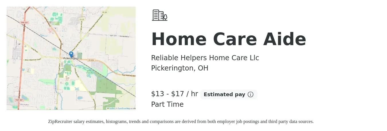 Reliable Helpers Home Care Llc job posting for a Home Care Aide in Pickerington, OH with a salary of $14 to $18 Hourly with a map of Pickerington location.