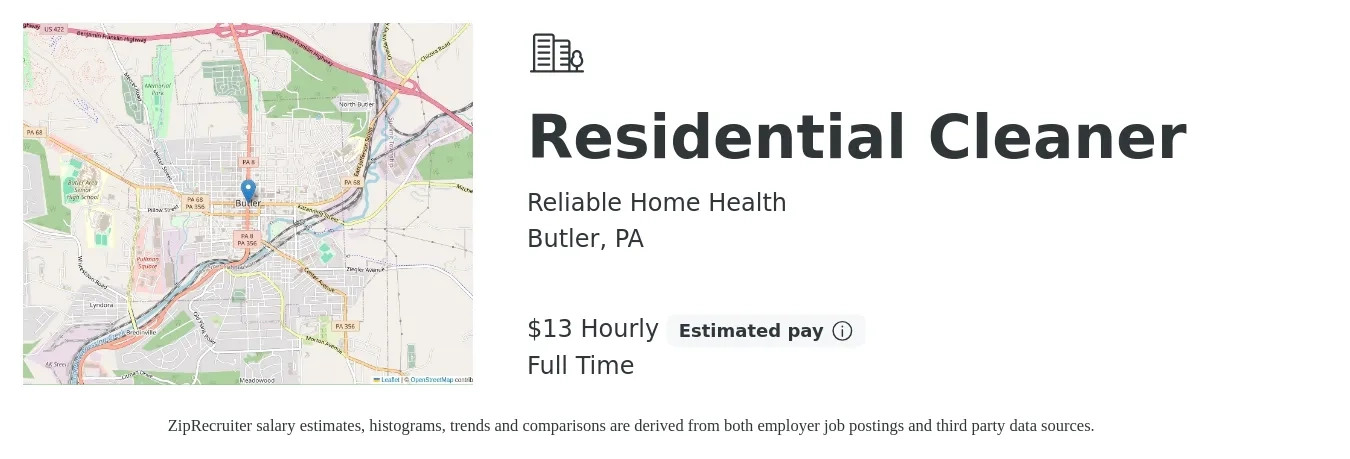 Reliable Home Health job posting for a Residential Cleaner in Butler, PA with a salary of $14 Hourly with a map of Butler location.
