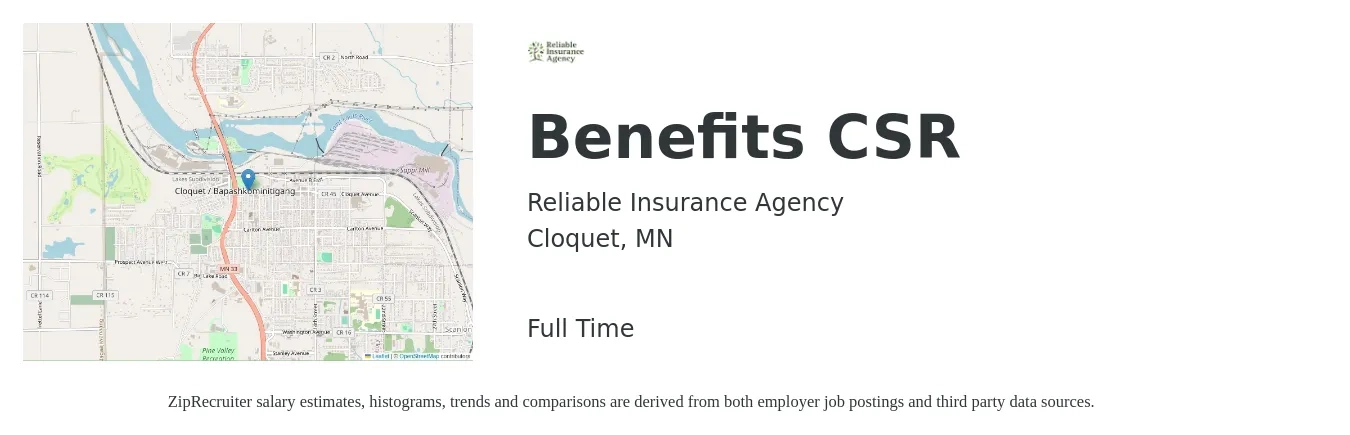 Reliable Insurance Agency job posting for a Benefits CSR in Cloquet, MN with a salary of $15 to $21 Hourly with a map of Cloquet location.