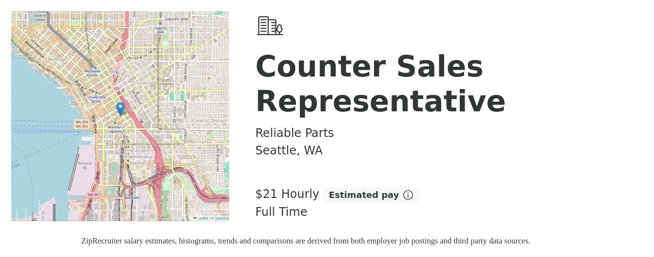 Reliable Parts job posting for a Counter Sales Representative in Seattle, WA with a salary of $20 to $25 Hourly with a map of Seattle location.