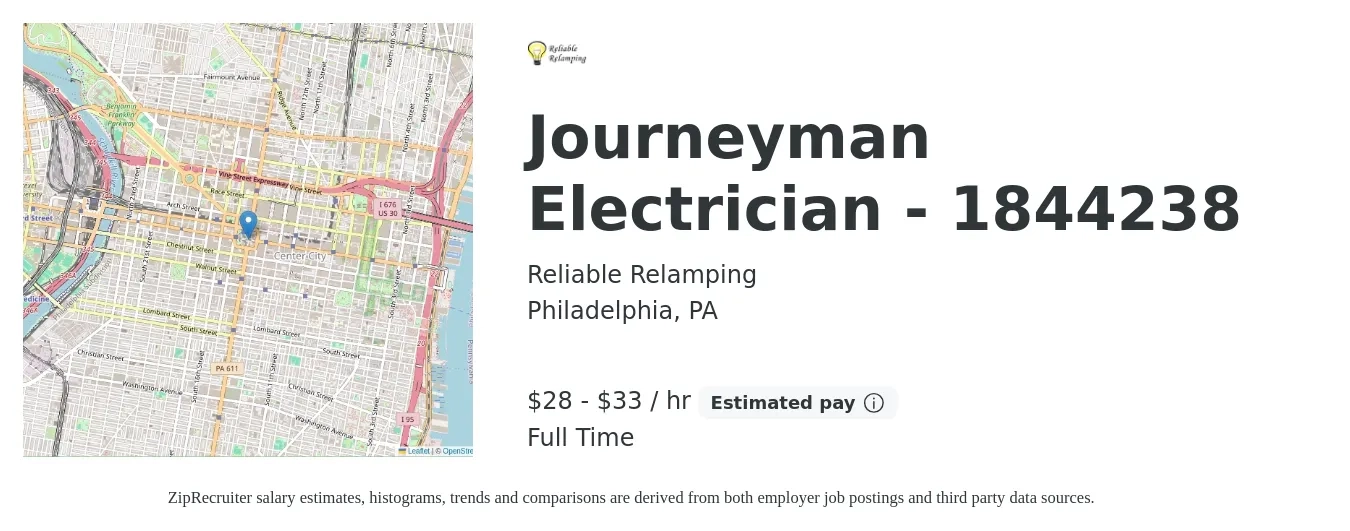 Reliable Relamping job posting for a Journeyman Electrician - 1844238 in Philadelphia, PA with a salary of $30 to $35 Hourly with a map of Philadelphia location.