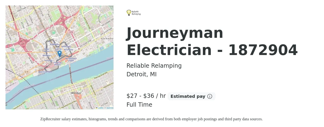 Reliable Relamping job posting for a Journeyman Electrician - 1872904 in Detroit, MI with a salary of $29 to $38 Hourly with a map of Detroit location.