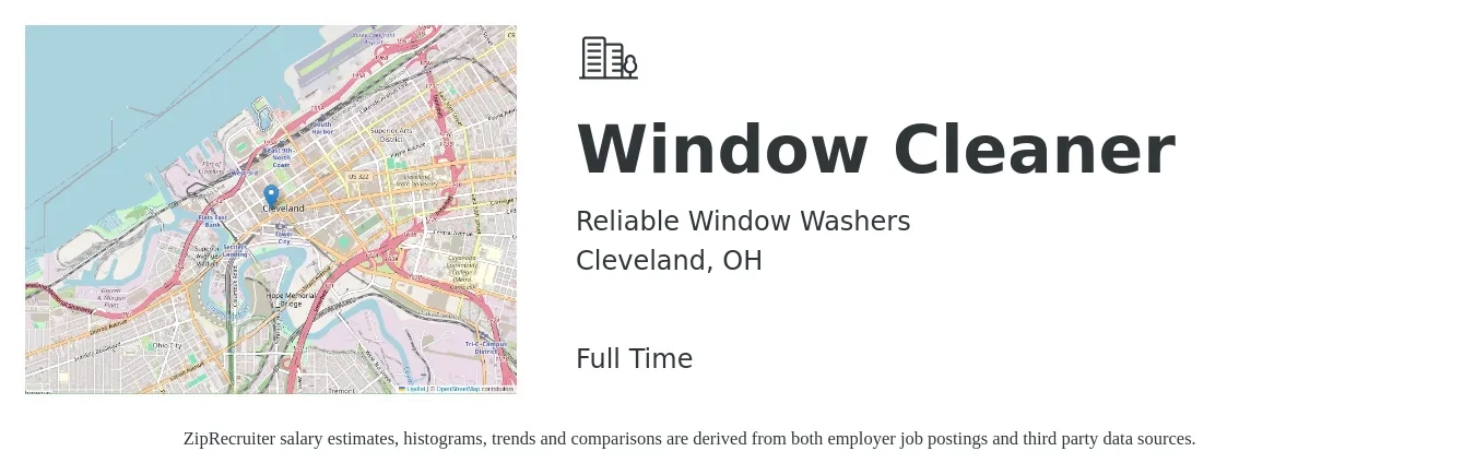 Reliable Window Washers job posting for a Window Cleaner in Cleveland, OH with a salary of $150 to $256 Daily with a map of Cleveland location.