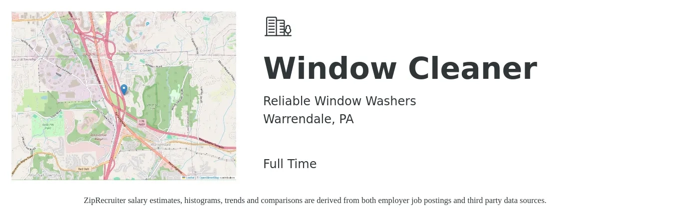 Reliable Window Washers job posting for a Window Cleaner in Warrendale, PA with a salary of $150 to $256 Daily with a map of Warrendale location.