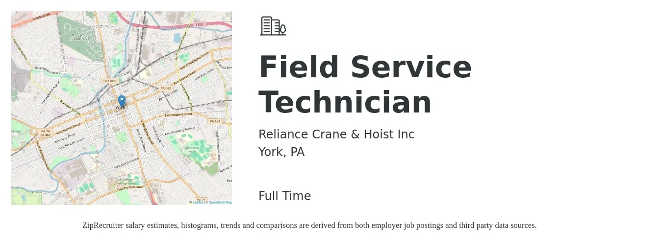 Reliance Crane & Hoist Inc job posting for a Field Service Technician in York, PA with a salary of $20 to $29 Hourly with a map of York location.