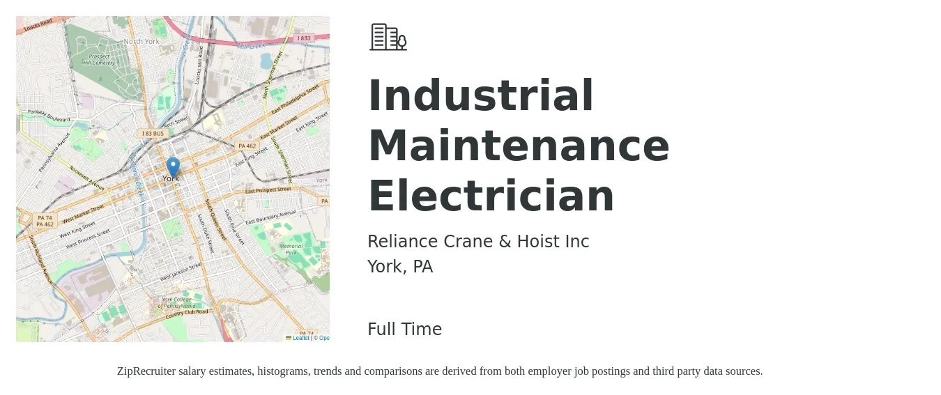 Reliance Crane & Hoist Inc job posting for a Industrial Maintenance Electrician in York, PA with a salary of $28 to $35 Hourly with a map of York location.