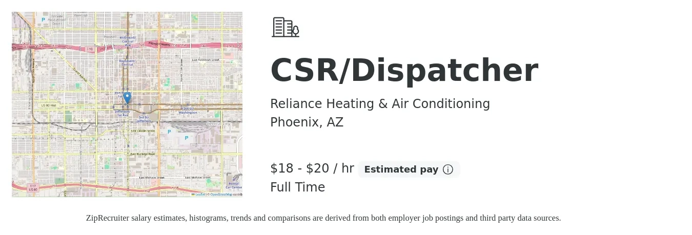 Reliance Heating & Air Conditioning job posting for a CSR/Dispatcher in Phoenix, AZ with a salary of $19 to $21 Hourly with a map of Phoenix location.