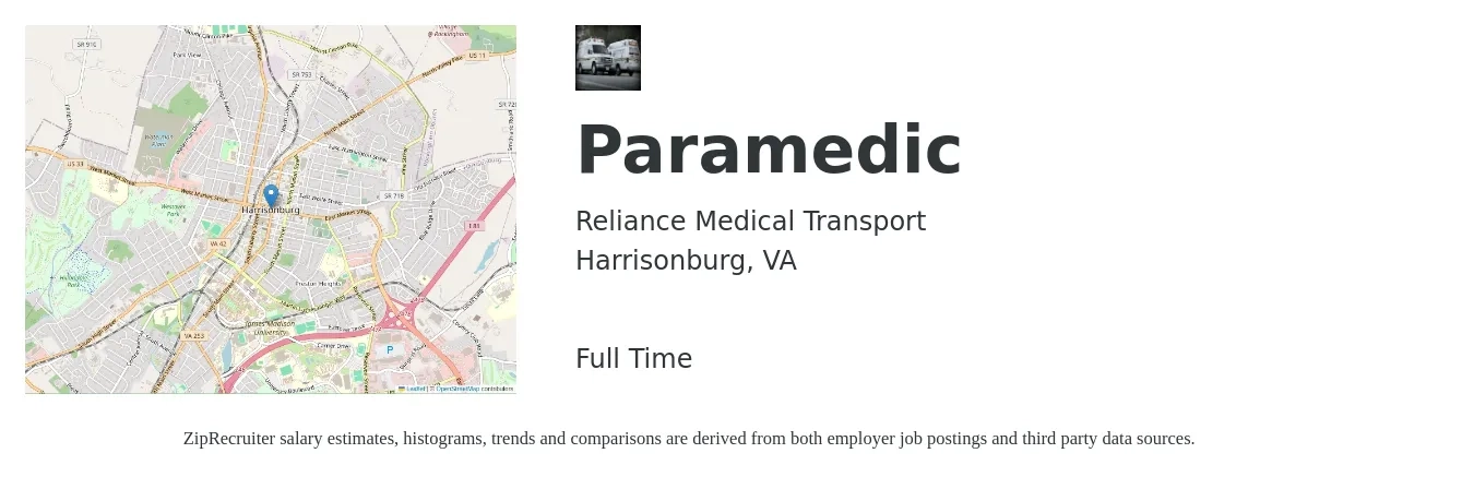 Reliance Medical Transport job posting for a Paramedic in Harrisonburg, VA with a salary of $20 to $28 Hourly with a map of Harrisonburg location.