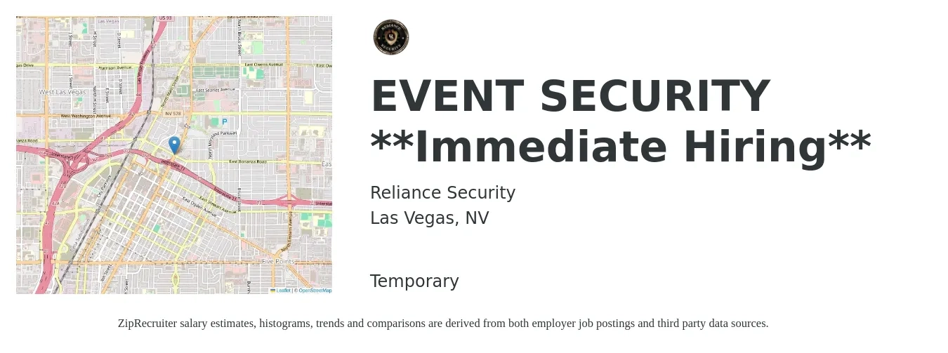 Reliance Security job posting for a EVENT SECURITY **Immediate Hiring** in Las Vegas, NV with a salary of $16 to $20 Hourly with a map of Las Vegas location.